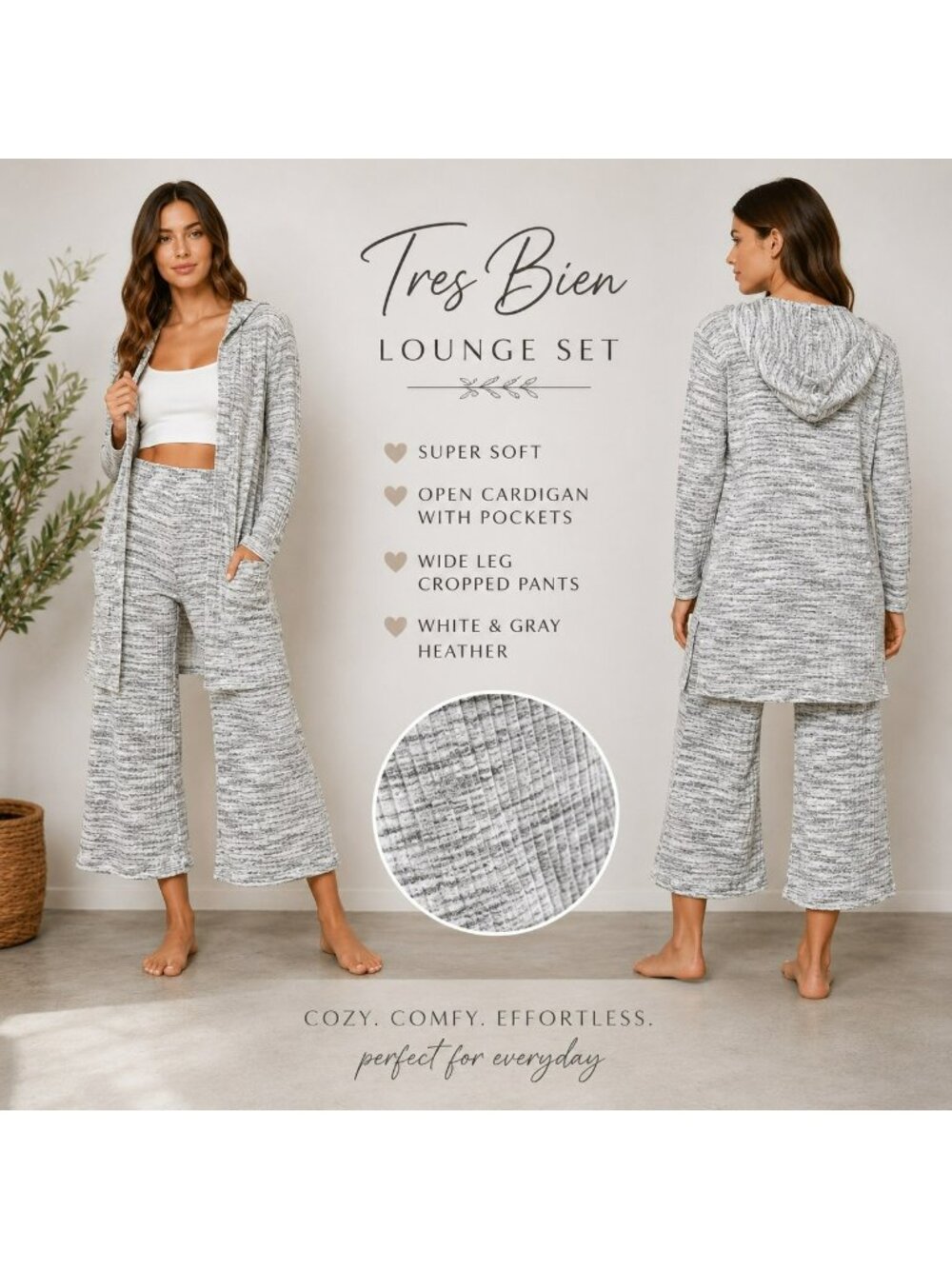 NWT Tres Bien Lounge Set Size Small Gray White Heather Wide Leg Cropped Pants